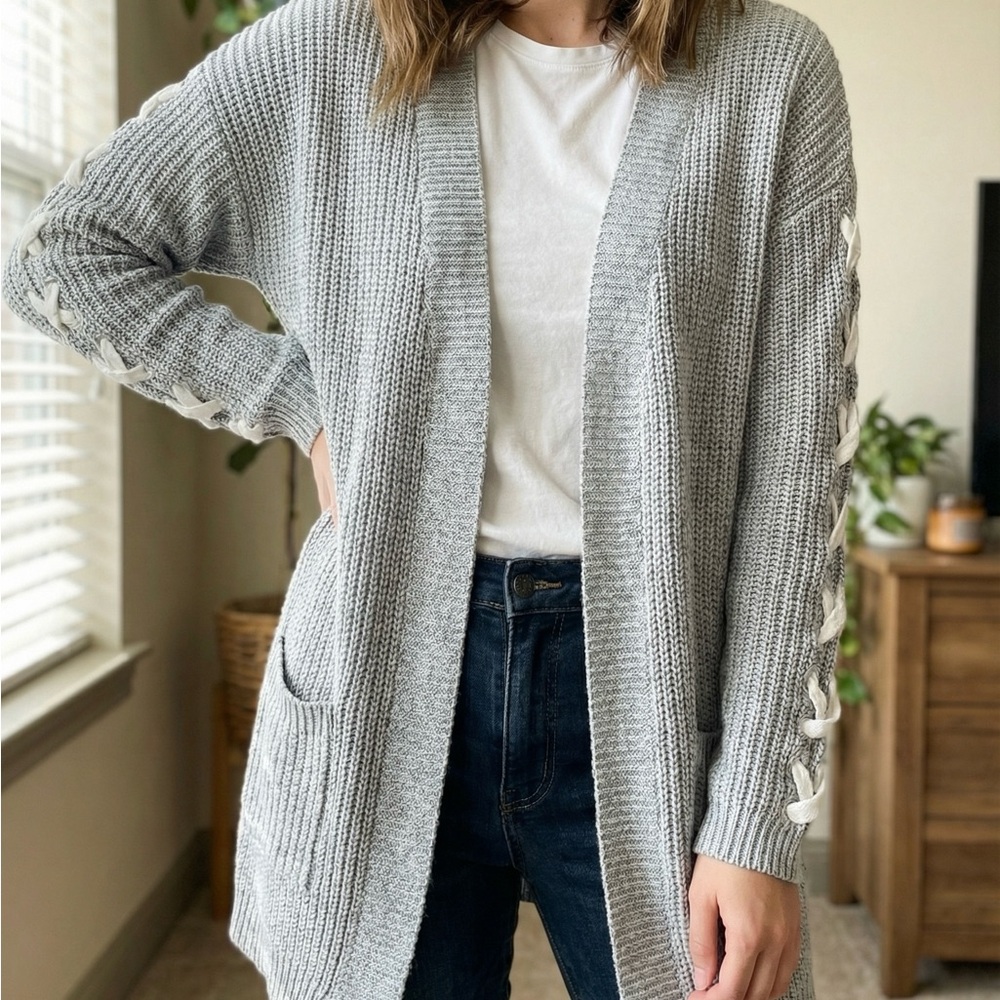 Jennifer Lopez Light Gray Lace-Up Cardigan